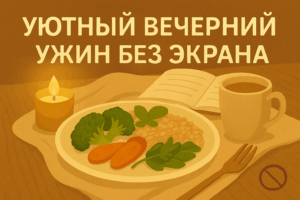 Тарелка с ужином, свеча, мягкий свет, рядом книга или ткань, никакой электроники