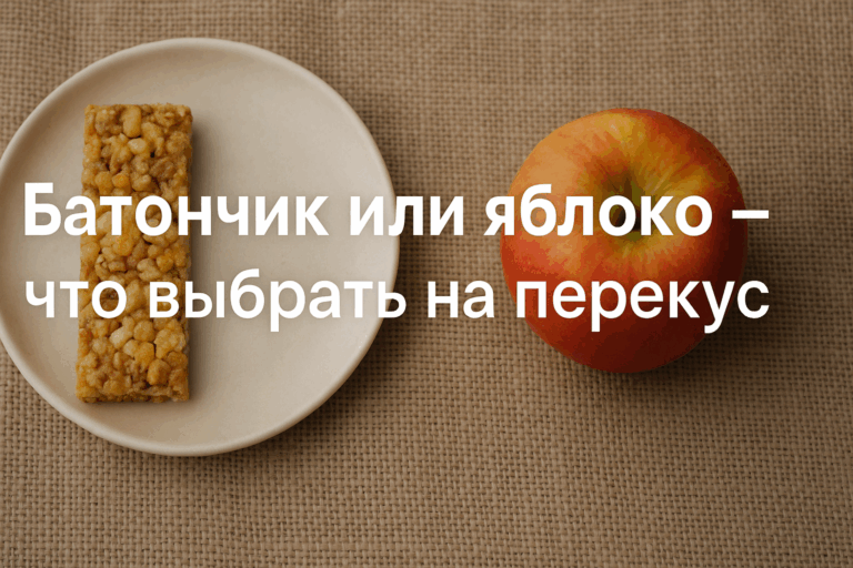 На одной тарелке яблоко и батончик — сравнение, выбор, нейтральный фон